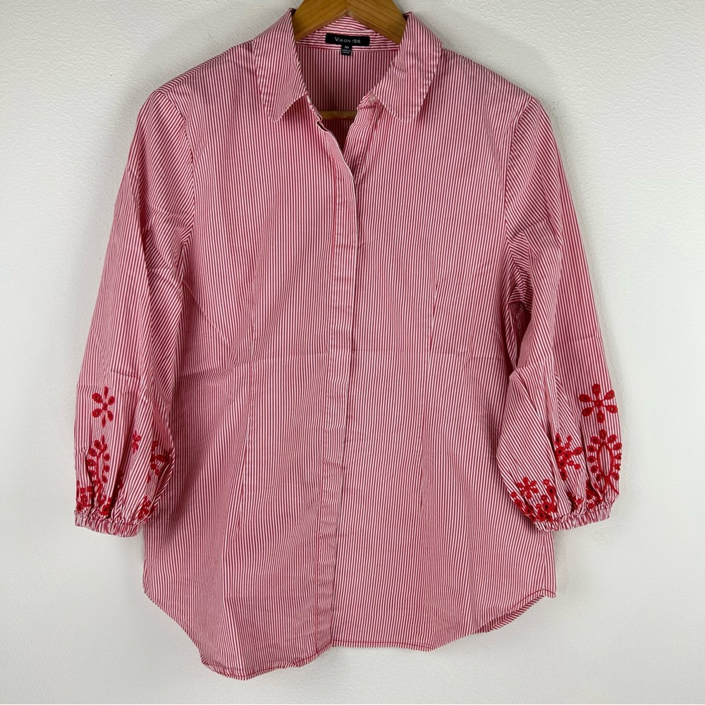 Vision 155 Women’s Cotton Blend Red and White Striped 3/4 Blouse Size 10